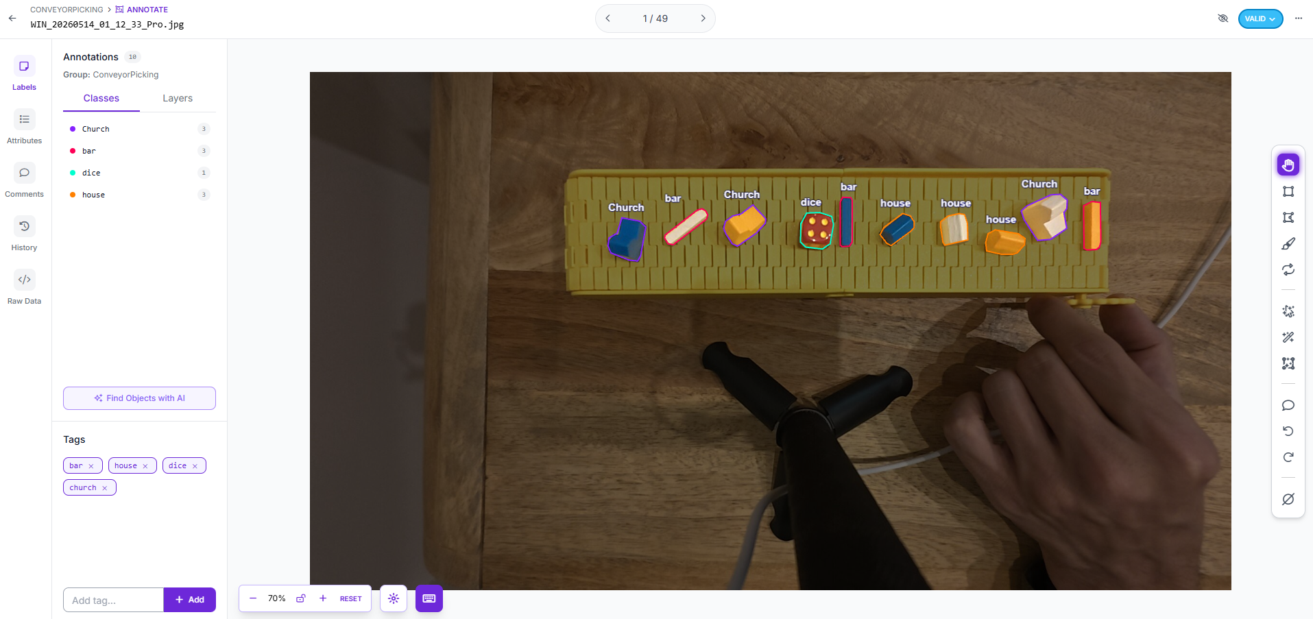 Roboflow annotation interface showing bounding boxes on conveyor belt objects